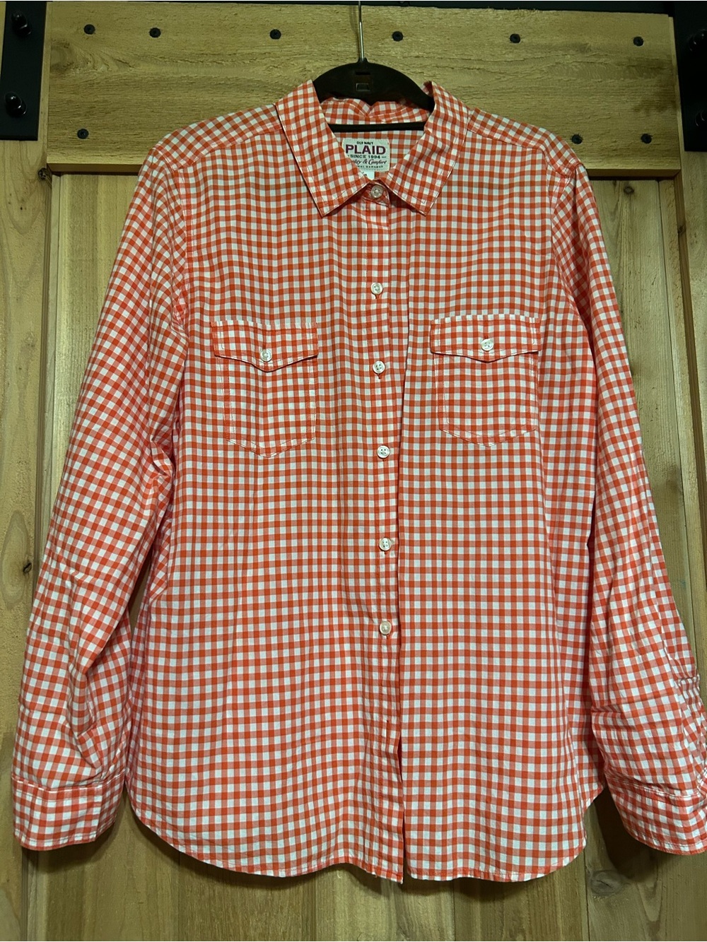 Old Navy Orange and White Gingham Button-Up Blouse